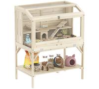 PawHut Wooden Hamster Cage, 2 Tier Transparent Gerbil Cage with Storage Shelf, Openable Top, Tray, Seesaws, Ramp, Water Bottle, Small Animal Habitat for Syrian, Gerbils, Rats, Rodent, 84 x 53 x 110 cm