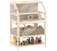 PawHut Wooden Hamster Cage 3 Tier Dwarf Gerbil 80L x 53W x 117H cm Natural | Small Animal Cage, Detachable Lower Floor, Storage Shelf, Hut, Seesaw, Exercise Wheel, Ramps, Hamster Habitat