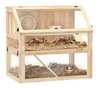 PawHut Wooden Hamster Cage, 3 Tier Gerbil Cage with Detachable 31cm Deep Bottom, Hut, Seesaw, Exercise Wheel, Ramps, Natural Wood Finish