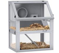 PawHut Wooden Hamster Cage, 3 Tier Gerbil Cage with Detachable 32cm Deep Bottom, Hut, Seesaw, Exercise Wheel, Ramps, Light Grey