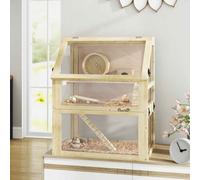 PawHut Wooden Hamster Cage, 3 Tier Gerbil Cage with Detachable 32cm Deep Bottom, Hut, Seesaw, Exercise Wheel, Ramps, Natural Wood Finish