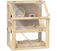 PawHut Wooden Hamster Cage 3 Tier Natural Wood Finish | Gerbil Cage, Detachable 32cm Deep Bottom, Hut, Seesaw, Exercise Wheel, Ramps