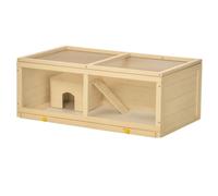 PawHut Wooden Hamster Cage Sliding Tray for Syrian Hamsters Natural Wood | Small Animal Cage, Openable Top, Hut, Exercise Play House