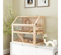 Pawhut Wooden Hamster Cage W/ Detachable Bottom, Hut, Seesaw, Natural