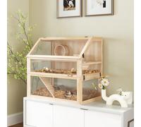 PawHut Wooden Hamster Cage, 3 Tier Gerbil Cage with Detachable 31cm Deep Bottom, Hut, Seesaw, Exercise Wheel, Ramps, Natural Wood Finish