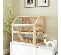 PawHut Wooden Hamster Cage w/ Detachable Bottom, Hut, Seesaw, Natural - Natural wood finish - Fir wood and Acrylic - 1