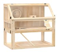 PawHut Wooden Hamster Cage with Detachable 31cm Deep Bottom, Hut, Seesaw, Exercise Wheel, Ramp, 80 x 50 x 76cm, Natural