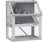 PawHut Wooden Hamster Cage with Detachable 32cm Deep Bottom, Hut, Seesaw, Exercise Wheel, Ramp, 60 x 40 x 75cm, Light Grey