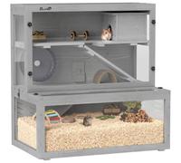 Pawhut 3 Tier Wooden Hamster Cage With Hut, Wheel, Ramps, 80 X 50 X 84 Cm In Grey Grey