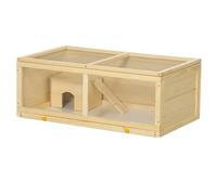 PawHut Wooden Hamster Cage, Small Animal Cage with Sliding Tray, Openable Top, Hut, Exercise Play House for Syrian Hamsters, Natural Wood Finish