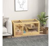 PawHut Wooden Hamster Cage with Water Bottle, Small Animal Exercise Play House with Platforms, Openable Roof, Sliding Tray, Hut, Seesaws, Natural Wood Finish