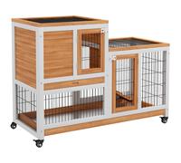 PawHut Wooden Indoor Hutch Elevated Cage w/ Wheel, Run, Yellow