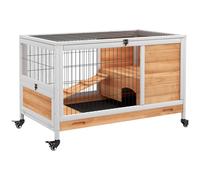 PawHut Wooden Indoor Rabbit Hutch, 2-Floor Bunny Cage w/ Enclosed Run Area, Yellow Aosom UK