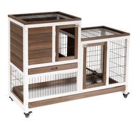 PawHut Wooden Indoor Rabbit Hutch Guinea Pig House Bunny Small Animal Cage W/ Wheels Enclosed Run 110 x 50 x 86 cm, Brown