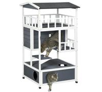 PawHut Wooden Outdoor Cat House 3-Tier for Winter Kitten Shelter Lodge w/ Tilted Roof Terrace Jump Step Bottom Tray Elevated Base Waterproof Paint Grey Yellow