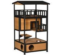 PawHut Wooden Outdoor Cat House 3-Tier for Winter Kitten Shelter Lodge w/ Tilted Roof Terrace Jump Step Bottom Tray Elevated Base Waterproof Paint Yellow