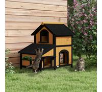 PawHut Wooden Outdoor Cat House w/ Flower Pot, Windows, Multiple Entrances - Yellow - Fir Wood - 1