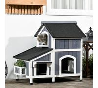 Pawhut Wooden Outdoor Cat House W/ Flower Pot, Windows, Multiple Entrances In Grey Grey