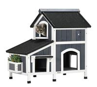 PawHut Wooden Cat House Outdoor with Flower Pot, 2 Tiers Cat Shelter with Window, Multiple Entrances, Water-resistant Roof, Grey