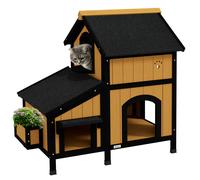 PawHut Wooden Outdoor Cat House w/ Flower Pot - Windows - Multiple Entrances | TJ Hughes
