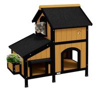 PawHut Wooden Outdoor Cat House with Flower Pot, Windows - Yellow