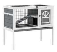 PawHut Wooden Rabbit Hutch, Elevated Guinea Pig Cage w/Openable Roof, Ladder, Removable Tray, 90 x 53 x 87cm - Grey
