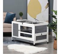 PawHut Wooden Rabbit Hutch Elevated Pet Bunny House Rabbit Cage with Slide-Out Tray Indoor Grey