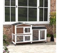 PawHut Rabbit Hutch Outdoor with Run Guinea Pig Hutch 2-Tier Bunny Cage w/Wheels No-Leak Plastic Tray 157.4 x 53 x 99.5 cm - Brown