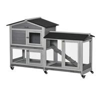 PawHut Wooden Rabbit Hutch, Guinea Pig Cage w/ Wheels, Slide-Out Tray, Ramp Light Grey, Grey