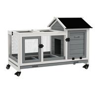 PawHut Wooden Rabbit Hutch, Guinea Pig Cage, with Removable Tray, Wheels - Grey