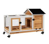 PawHut Wooden Rabbit Hutch, Guinea Pig Cage, with Removable Tray, Wheels - Yellow