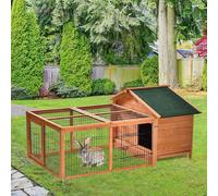 PawHut Wooden Rabbit Hutch Outdoor, Guinea Pig Hutch, Detachable Pet House Animal Cage with Openable Run & Roof Lockable Door Slide-out Tray 146 x 95 x 69cm