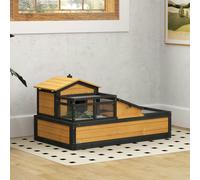 PawHut Wooden Tortoise House Indoor Outdoor w/ Balcony, Tray, Openable Roof - Yellow - Yellow - Fir wood, Galvanised mesh wire - 1