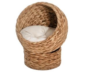 PawHut Woven Banana Leaf Elevated Cat Bed Wicker Kitten Basket Pet Den. House Cosy Cave with Soft Cushion Dome 50x42x60cm Brown