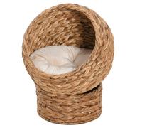PawHut Woven Banana Leaf Elevated Cat Bed Wicker Pet Den 50x42x60cm Brown | Cylindrical Base, Soft Washable Cushion, Woven Water Hyacinth Kitten Basket for Indoor Outdoor