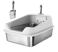 PawHut XL Stainless Steel Cat Litter Box with High Sides, Metal Scoop, 60 x 40 x 30 cm
