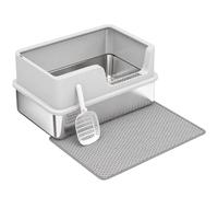 PawHut XL Stainless Steel Cat Litter Tray with Lid, High Sided Cat Litter Box with Scoop and Mat, Light Grey