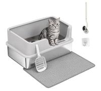 PawHut XL Stainless Steel Cat Litter Tray with Lid up to 8 kg Light Grey | High Sided Cat Litter Box, Scoop and Mat, for Kittens, Anti-Spillage, Odor Resistant, Easy to Clean