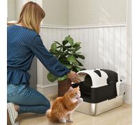 PawHut XL Stainless Steel Litter Box with Lid, Extra Large Enclosed Litter Tray with Scoop & 180° Flip Front Cover, Anti-Leakage, Non-Sticky, Non-Odour, Easy Cleaning, for Big Cats, Panda Style