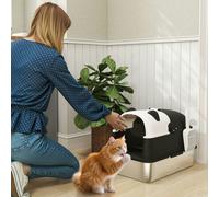 PawHut XL Stainless Steel Litter Box Tray with Lid, Panda Style, Black