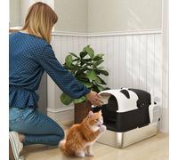 PawHut XL Stainless Steel Litter Box Tray with Lid, Panda Style