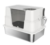 PawHut XL Stainless Steel Litter Box w/ 100° Flip Top, Scoop, Side Top Dual Entry, Odor Free, Easy Cleaning, Anti Leakage