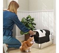 PawHut XL Stainless Steel Litter Box with Lid, Extra Large Enclosed Litter Tray with Scoop & 180 Flip Front Cover, Anti-Leakage, Non-Sticky, Non-Odour, Easy Cleaning, for Big Cats, Panda Style Black