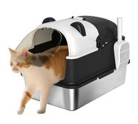 PawHut XL Stainless Steel Litter Box with Lid, Extra Large Enclosed Litter Tray with Scoop & 180° Flip Front Cover, Anti-Leakage, Non-Sticky, Non-Odour, Easy Cleaning, for Big Cats, Panda Style