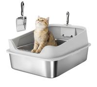 PawHut XXL Cat Litter Tray Stainless Steel High Sided 70 x 50 x 30 cm Grey | Cat Litter Box, Metal Litter Scoop, Never Absorbs Odors, Anti Leakage, Easy to Clean