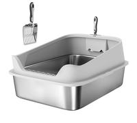 PawHut XXL Stainless Steel Cat Litter Box with High Sides, Scoop, 70 x 50 x 30 cm