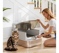 PawHut XXL Stainless Steel Cat Litter Tray, Enclosed Cat Litter Box, Grey