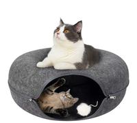 Pawise 2-in-1 Cat Tunnel Bed with Hanging Ball,Convertible Felt Cat Cave for Indoor Catty, Enclosed Double Layer Catty House Nest, Zipper Design, Includes Bonus Random Cat Teaser Wand (Large)