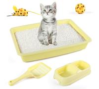 PAWISE Cat Litter Box Set, Small Kitten Starter Kit, Includes Litter Box, Litter Scoop, Double Dish Feeding Bowl, Cat Mouse Toy, Kitty Ball Toy, Yellow