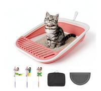 Pawise Foldable Cat Litter Box, Low Entry Collapsible Kitten Litter Box with Scoop, Travel Pet Potty Pan & Anti-Splash Toilet for Kittens (with Storage Bag, Cat Teaser & Grooming Glove) (Pink)
